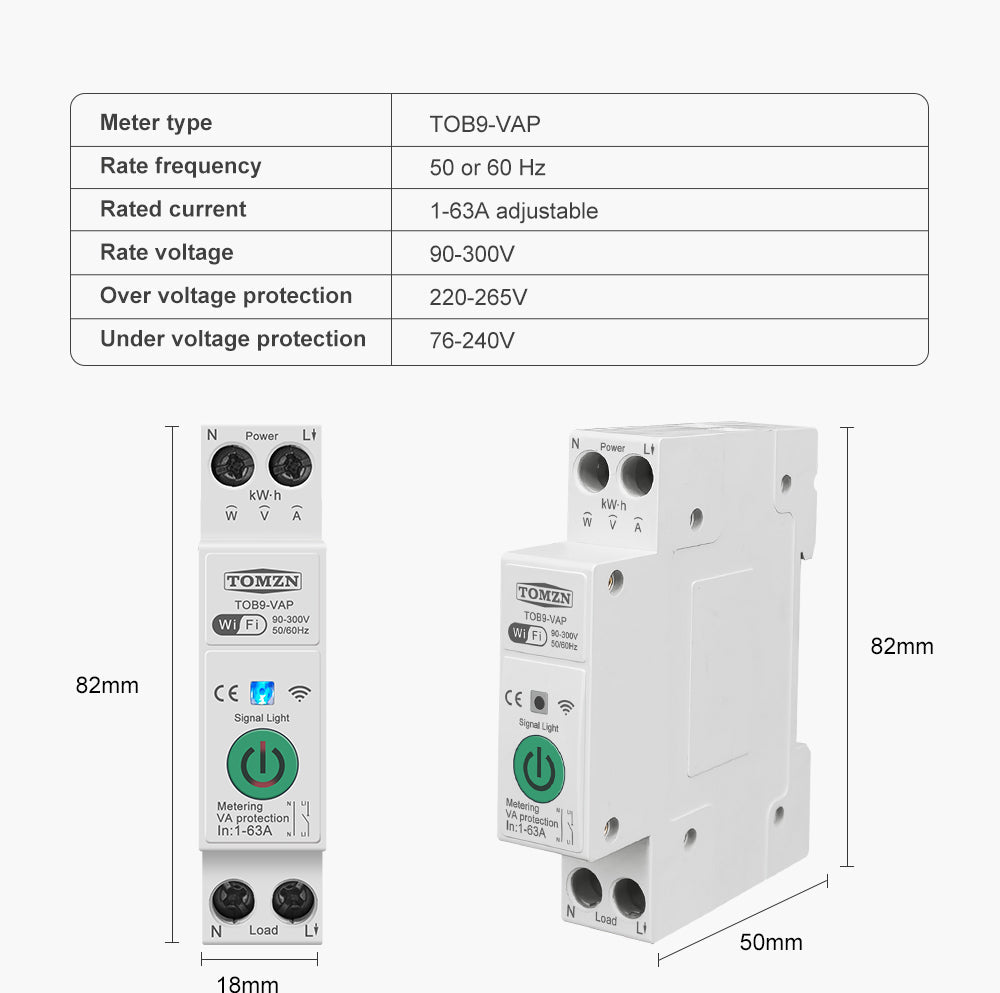 Tomzn TOB9-VAP 8in1 63A WIFI Smart Switch with monitoring and Protection, TOMZN wifi breaker full function