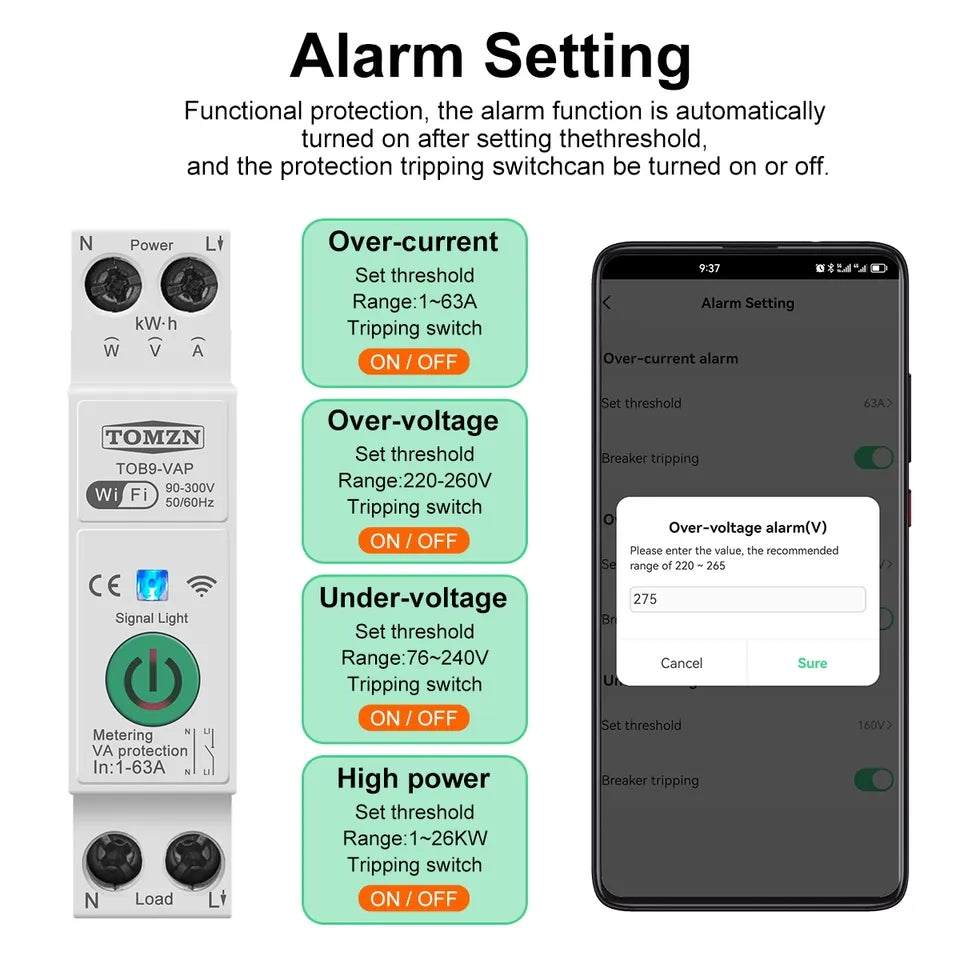 Tomzn TOB9-VAP 8in1 63A WIFI Smart Switch with monitoring and Protection, TOMZN wifi breaker full function