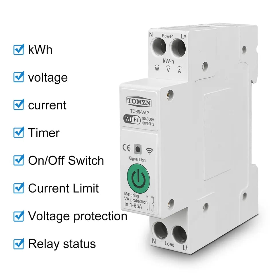 Tomzn TOB9-VAP 8in1 63A WIFI Smart Switch with monitoring and Protection, TOMZN wifi breaker full function
