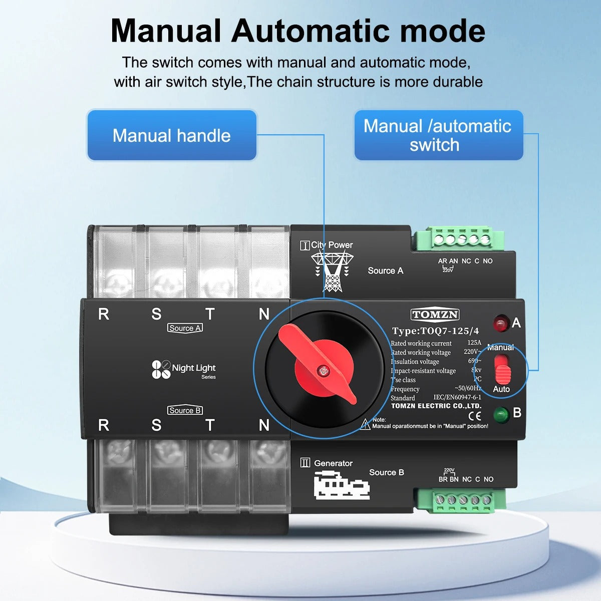 Tomzn TOQ7 4P-125A AC Three Phase Din Rail 220V Dual Power Automatic Transfer Switch ATS