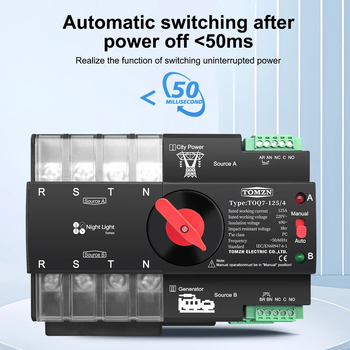 Tomzn TOQ7 4P-125A AC Three Phase Din Rail 220V Dual Power Automatic Transfer Switch ATS