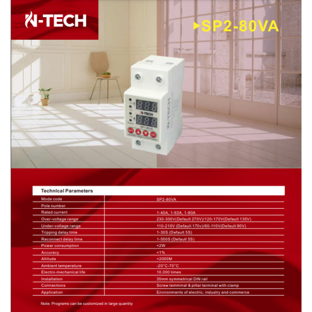 N-Tech SP2-80VA 63A Voltage Protection Device - Over and Under Voltage Protective Device