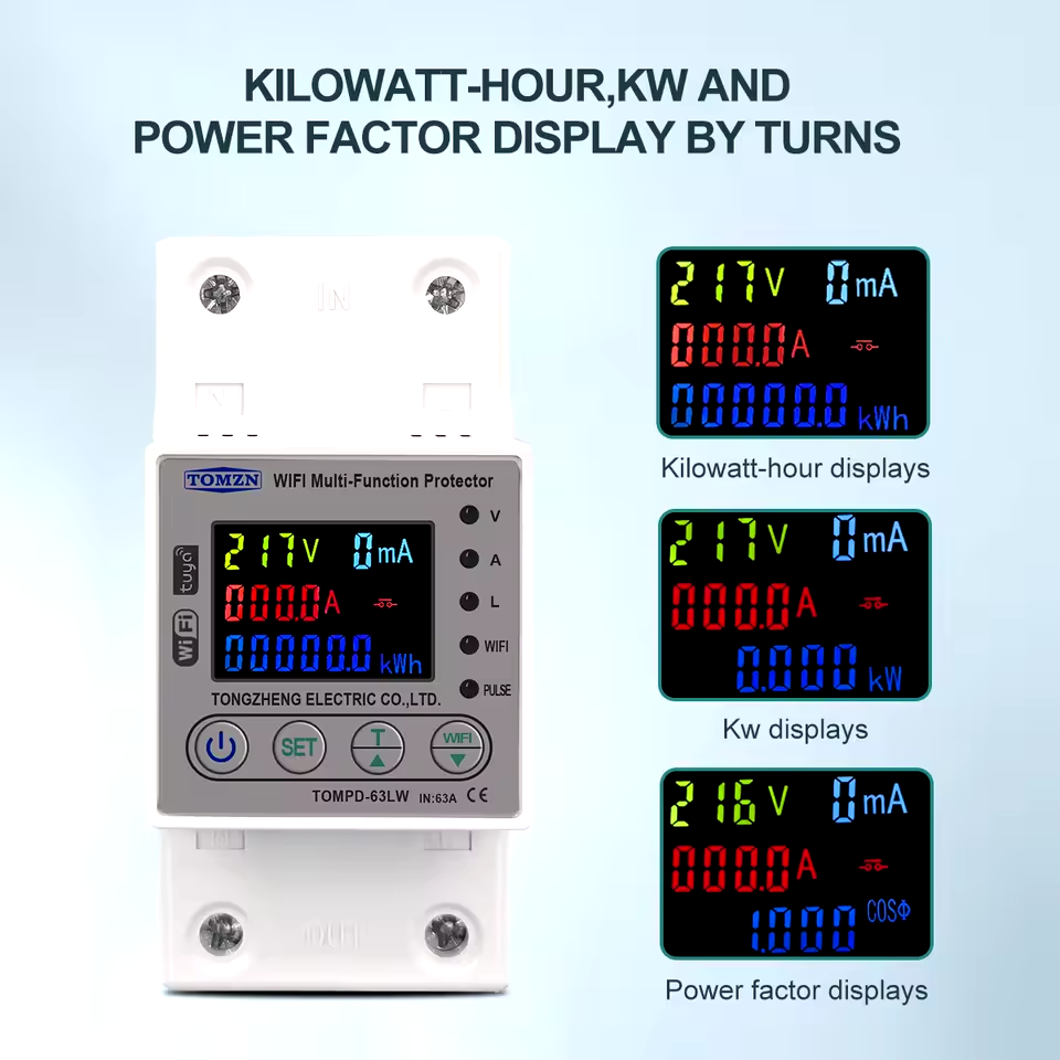 Tomzn All in One TOMPD 63LW 63A WIFI Smart Circuit Breaker with voltage current and leakage protection. Tomzn 10in1 Smart Protector