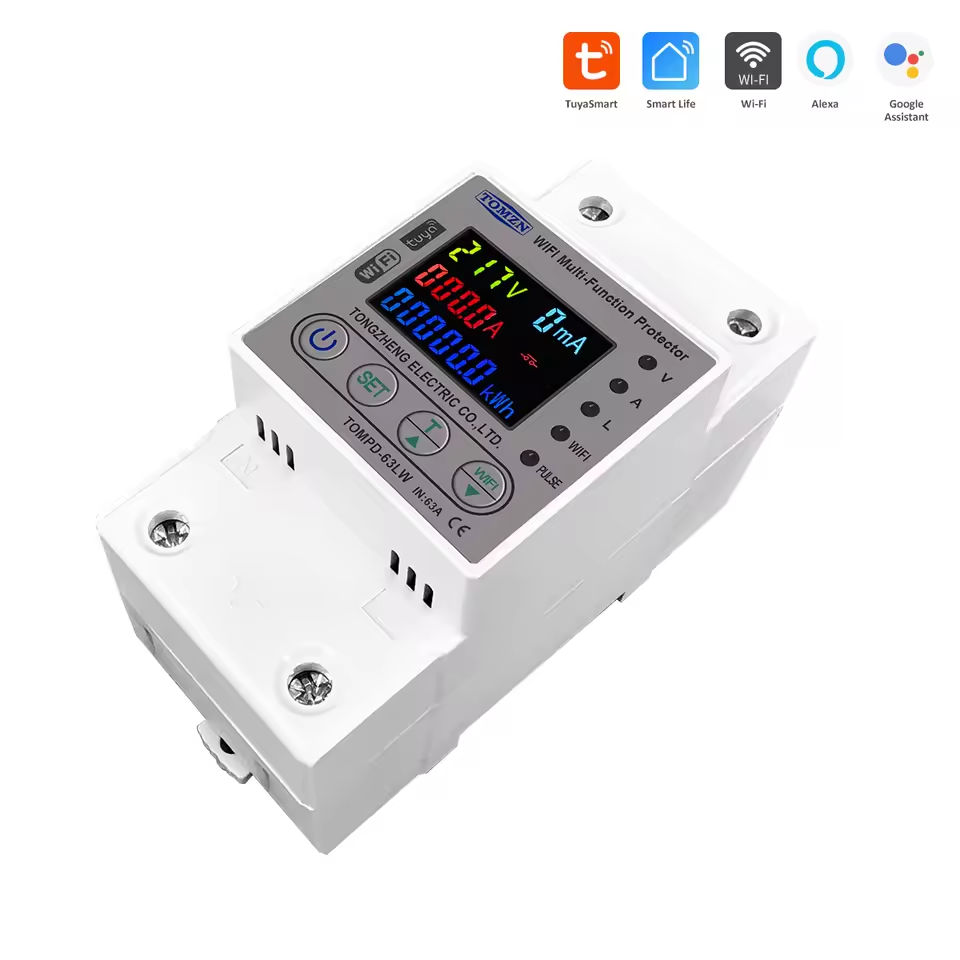 Tomzn All in One TOMPD 63LW 63A WIFI Smart Circuit Breaker with voltage current and leakage protection. Tomzn 10in1 Smart Protector
