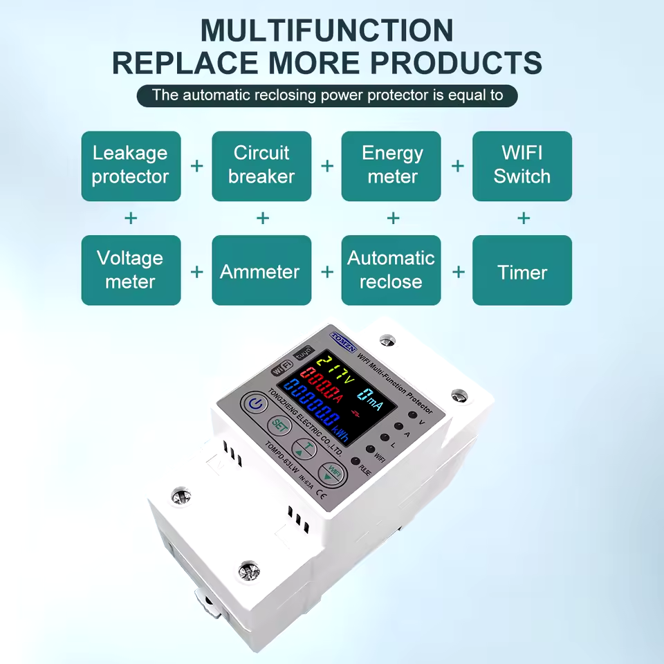 Tomzn All in One TOMPD 63LW 63A WIFI Smart Circuit Breaker with voltage current and leakage protection. Tomzn 10in1 Smart Protector