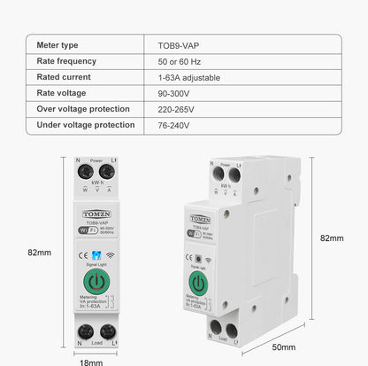 Tomzn TOB9-VAP 8in1 63A WIFI Smart Switch with monitoring and Protection, TOMZN wifi breaker full function