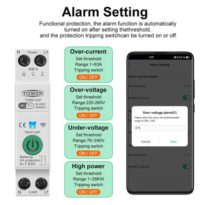 Tomzn TOB9-VAP 8in1 63A WIFI Smart Switch with monitoring and Protection, TOMZN wifi breaker full function