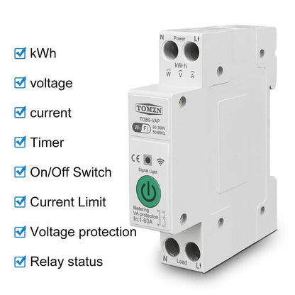 Tomzn TOB9-VAP 8in1 63A WIFI Smart Switch with monitoring and Protection, TOMZN wifi breaker full function