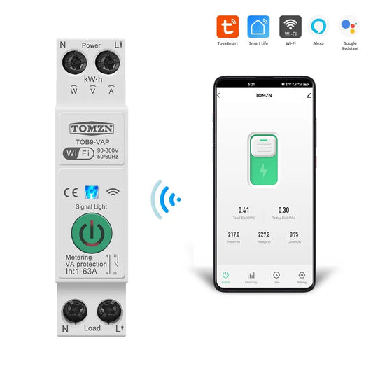 Tomzn TOB9-VAP 8in1 63A WIFI Smart Switch with monitoring and Protection, TOMZN wifi breaker full function